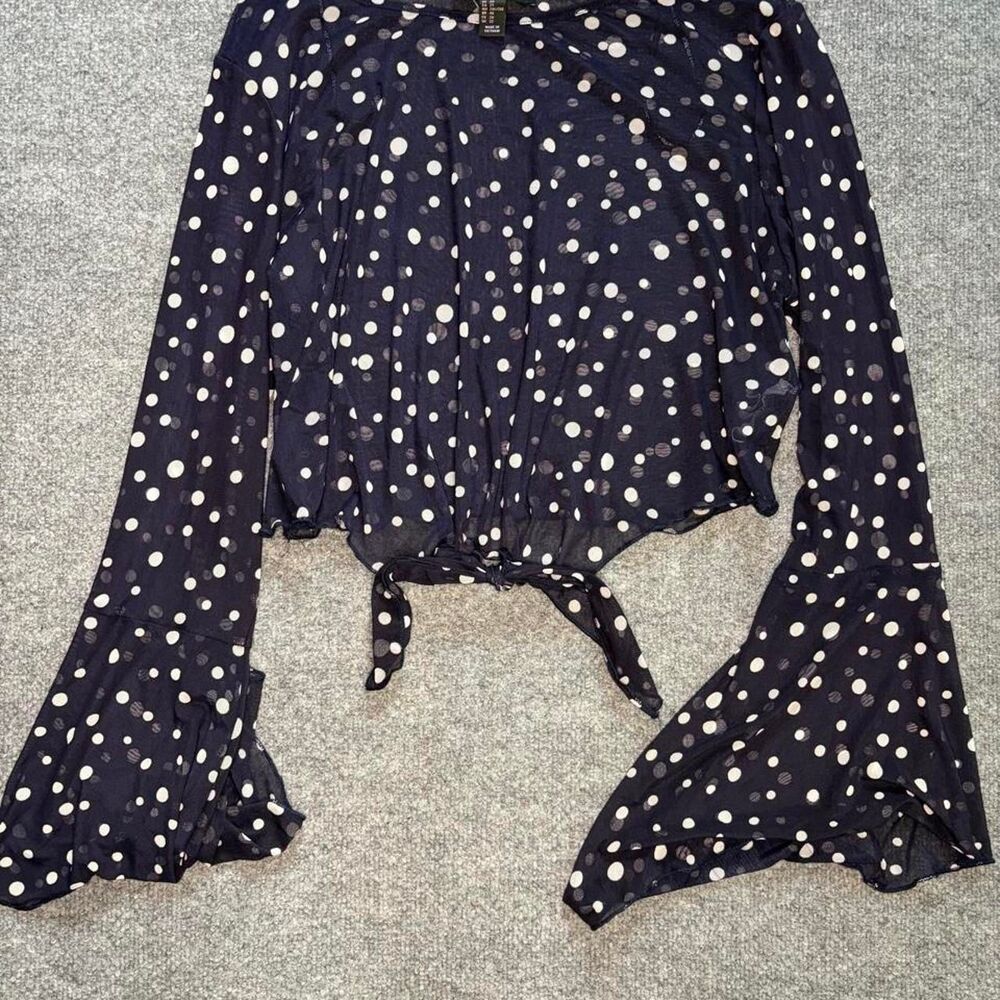 Forever 21 navy polka dot mesh sheer blouse with tie front detail bell sleeves